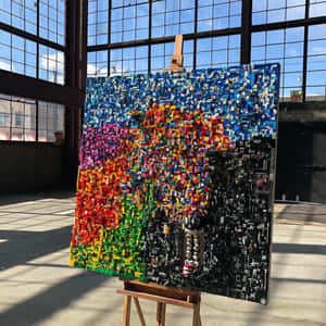 一幅大型LEGO藝術作品，描繪城市上空的日落，展示在倉庫的畫架上。 — 樂高旋風忍者 壁紙