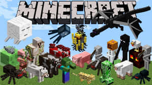 Minecraft遊戲角色，包括殭屍、苦力怕和終界龍，以像素方塊風格呈現。 — 我的世界 壁紙