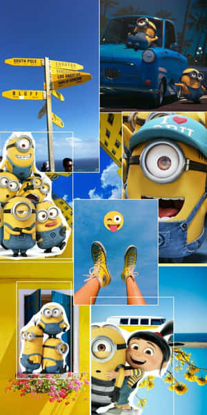 在陽光燦爛的天空下，Minions在歡樂的戶外場景中的拼貼畫。 — 糖果 壁紙