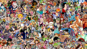 One Piece動畫角色在密集多彩的拼貼畫中。 — 可愛卡通 壁紙