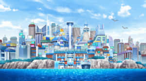 動漫城市，色彩繽紛的建築物沿著岩石海岸，在晴朗的天空下。 — 霧濛濛的森林 壁紙
