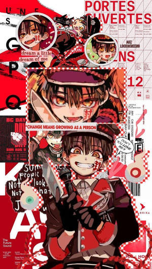 穿著紅色制服的動漫男孩在混亂的文字拼貼中微笑。 — 地縛少年花子君 壁紙