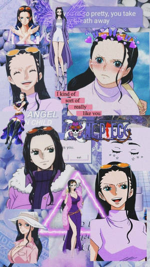 來自《One Piece》的動漫角色拼貼畫，採用紫色和粉紅色調，並帶有浪漫的引言。 — 海賊王 壁紙