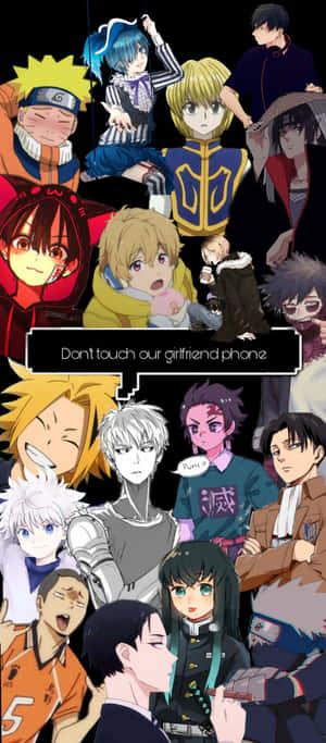 動漫角色拼貼畫，有一個對話氣泡說「不要碰我們女朋友的電話」。 — Galaxy Z Flip 壁紙