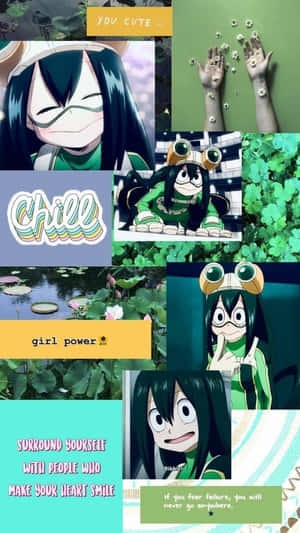 動漫角色Momo Yaoyorozu拼貼畫，帶有綠色自然和勵志文字。 — 蛙吹梅雨 壁紙