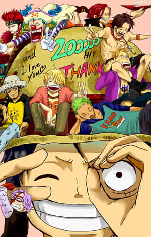 《One Piece》動漫角色以和平手勢和慶祝文字愉快地擺姿勢。 — Galaxy Tab S9 FE 壁紙