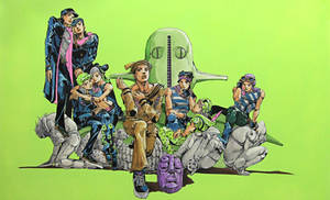 《JoJo的奇妙冒險》角色在綠色背景上與石像擺姿勢。 — 喬魯諾·喬巴拿 壁紙