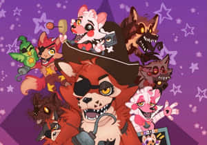 Freddy Fazbear和他的電子動畫朋友們在生動的紫色星空場景中。 — 恐怖反派 壁紙