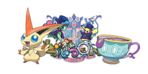 一幅色彩繽紛的動漫插圖，寶可夢角色們用茶杯慶祝2022年活動。 — 動漫 壁紙