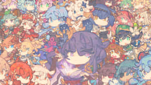 一群穿著色彩繽紛服裝的動漫Q版角色，氣氛歡樂。 — 原神 壁紙