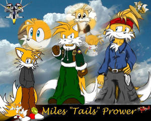 動漫角色 Miles Tails Prower 穿著不同服裝，搭配飛行的噴射機和漂浮的頭部。 — 5:4 壁紙