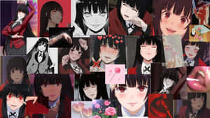 黑髮紅眼女孩穿著校服，手持棒棒糖和玫瑰的動漫拼貼畫。 — 洛米安傳奇 壁紙