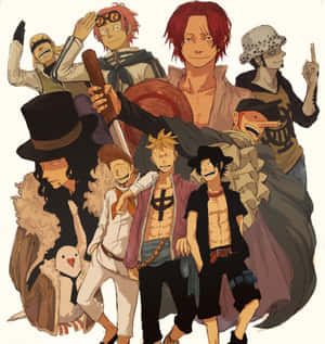 One Piece 動畫船員們一起擺姿勢，表情豐富，服裝獨特。 — Pixel 9 Pro Fold 壁紙
