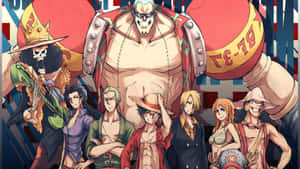 《One Piece》動畫船員在色彩繽紛的背景前英勇擺姿勢。 — 海賊王 壁紙