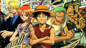 《One Piece》船員以動畫風格呈現，手持懸賞海報和武器。 — 神鬼奇航 壁紙