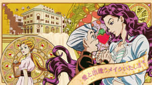 動畫角色在色彩繽紛的歐洲風格場景中，有建築物和花朵。 — 鑽石 壁紙