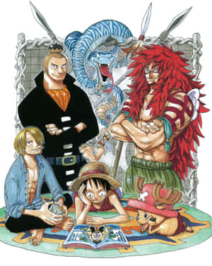 《One Piece》船員圍繞著一張地圖，背景中有一條藍色的蛇和長矛。 — 美學天空 壁紙