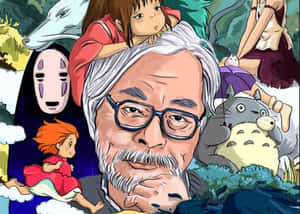宮崎駿在色彩繽紛的動畫插圖中被他所愛的吉卜力工作室角色環繞。 — 櫻島麻衣 壁紙