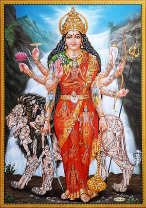 印度教女神杜爾迦有十隻手臂，站在獅子和水牛上，靠近瀑布。 — Maa Durga 壁紙