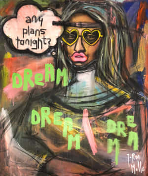 一位戴著心形眼鏡的風格化女性問『any plans tonight?』，周圍環繞著『DREAM』文字。 — 薩瓦托雷·菲拉格慕 壁紙