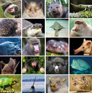 16種多樣化奇異動物的網格，包括蝙蝠、猴子、青蛙和魚類，在自然棲息地中。 — Galaxy Z Flip7 FE 壁紙