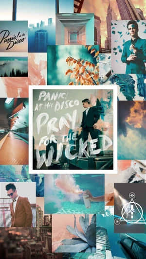 一幅色彩繽紛的拼貼畫，包含Panic! At The Disco的專輯藝術和城市景觀。 — 音樂 壁紙