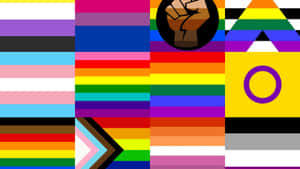 一個色彩繽紛的馬賽克，由LGBTQ+驕傲旗幟和象徵多元與包容的符號組成。 — 雙性戀旗幟 壁紙