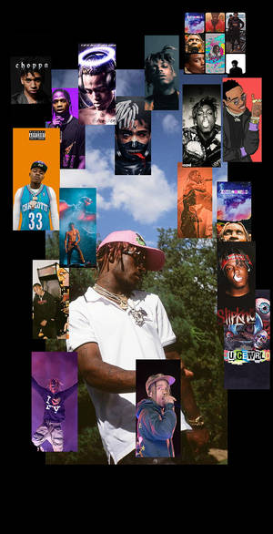 Lil Uzi Vert 圖片和專輯封面的拼貼畫，背景為天空和樹木。 — 達巴比 壁紙