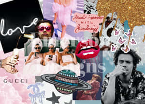 一幅色彩繽紛的拼貼畫，包含時尚品牌、名人和奢華圖案。 — 哈利波特 美學 壁紙
