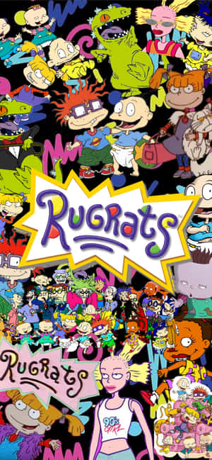 Rugrats 卡通角色在色彩繽紛混亂的拼貼畫中。 — iPhone 17 壁紙