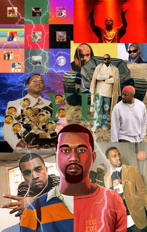 Kanye West不同服裝和姿勢的拼貼畫，帶有色彩繽紛的閃電效果。 — POCO Pad M1 壁紙