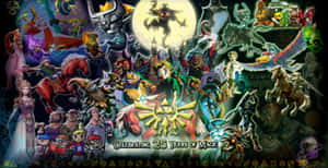 薩爾達遊戲角色和怪物在滿月下慶祝25年的魔法。 — 薩爾達傳說 壁紙
