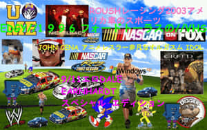 在草地上拼貼NASCAR、WWE、動漫和電子遊戲標誌。 — 復古90年代風格 壁紙