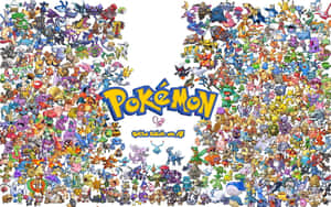 圍繞官方標誌和口號的色彩繽紛的 Pokémon 角色收藏。
