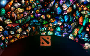 Dota 2標誌被發光的奇幻角色肖像包圍。 — 電玩遊戲 GIF 壁紙
