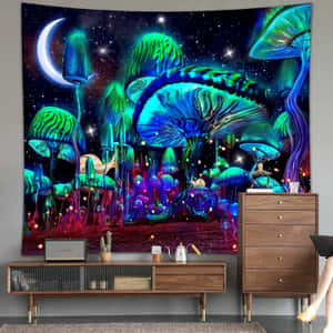 新月下宇宙森林場景中發光的霓虹蘑菇。 — 蘑菇美學 壁紙
