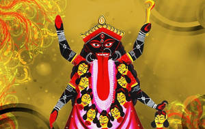印度教女神杜爾迦（Durga）多臂多面的彩色插圖。 — Maa Durga 壁紙