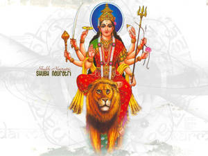 印度教女神杜爾迦騎著獅子，多臂手持武器。 — Maa Durga 壁紙