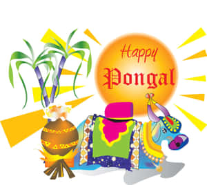 Happy Pongal節日插圖，裝飾的公牛、甘蔗和烹飪鍋在陽光下。 — Maa Durga 壁紙