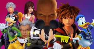 Kingdom Hearts 角色，包括 Mickey、Donald、Goofy、Sora 和 Riku，以動態姿勢呈現。 — 王國之心 壁紙