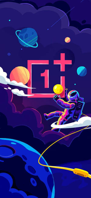 太空人在太空中手持發光球體，靠近一個大型OnePlus標誌，伴隨著色彩繽紛的行星。 — Galaxy A36 壁紙