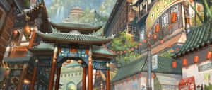 色彩繽紛的傳統中國街道，掛著紅燈籠和華麗的門樓。 — 教堂 壁紙