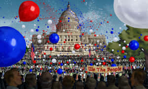 國會大廈與舉著「We The People」橫幅和愛國氣球的人群。 — 桌面 壁紙