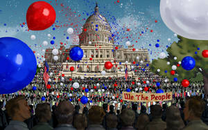 人群在國會大廈前舉著「We The People」標語，周圍有紅、白、藍氣球。 — 獨立紀念日 壁紙