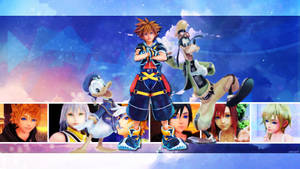 Kingdom Hearts 角色以動態姿勢站在繁星點點的天空下，背景有漂浮的肖像。 — 王國之心 壁紙