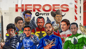 足球員穿著超級英雄服裝，帶有「Heroes FIFA 22」品牌標誌。 — 電玩遊戲 GIF 壁紙