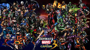 《Ultimate Marvel vs Capcom 3》遊戲封面，展示了一群密集的漫畫英雄和戰士。 — 漫威復仇者聯盟 壁紙