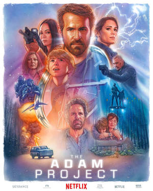 《The Adam Project》電影海報，展示角色、時間旅行和車輛。 — 達萬特·亞當斯 壁紙