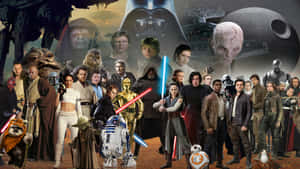 星際大戰角色，包括達斯維達、R2-D2和BB-8，在太空歌劇場景中。 — 星際大戰 壁紙