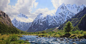 一條河流流經山谷，背景是雪山。 — 酷寒冬季 壁紙